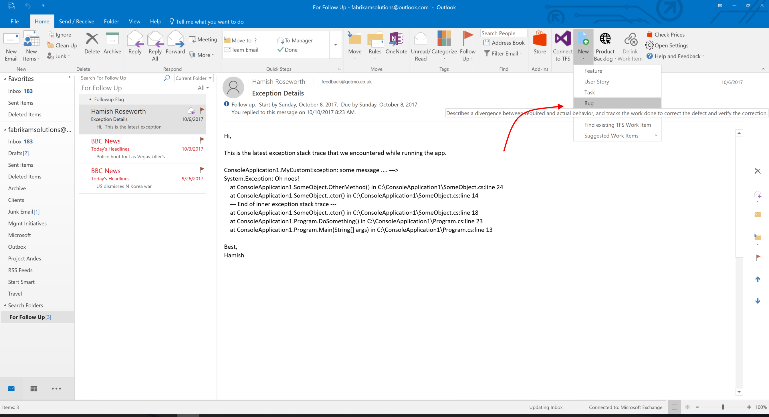 TMO Create work item from Outlook Email
